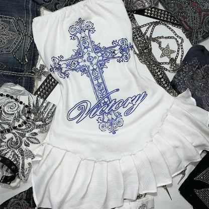 Y2K Dress Womens Gothic Retro Hip Hop Pattern Dress Slim Sleeveless Summer Sexy Fashion Slim Backless White Mini Dress