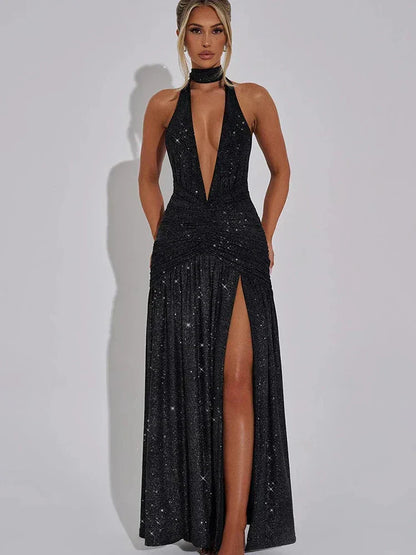 Glitter Halter Plunge V Neck Ruched Slit Maxi Dress