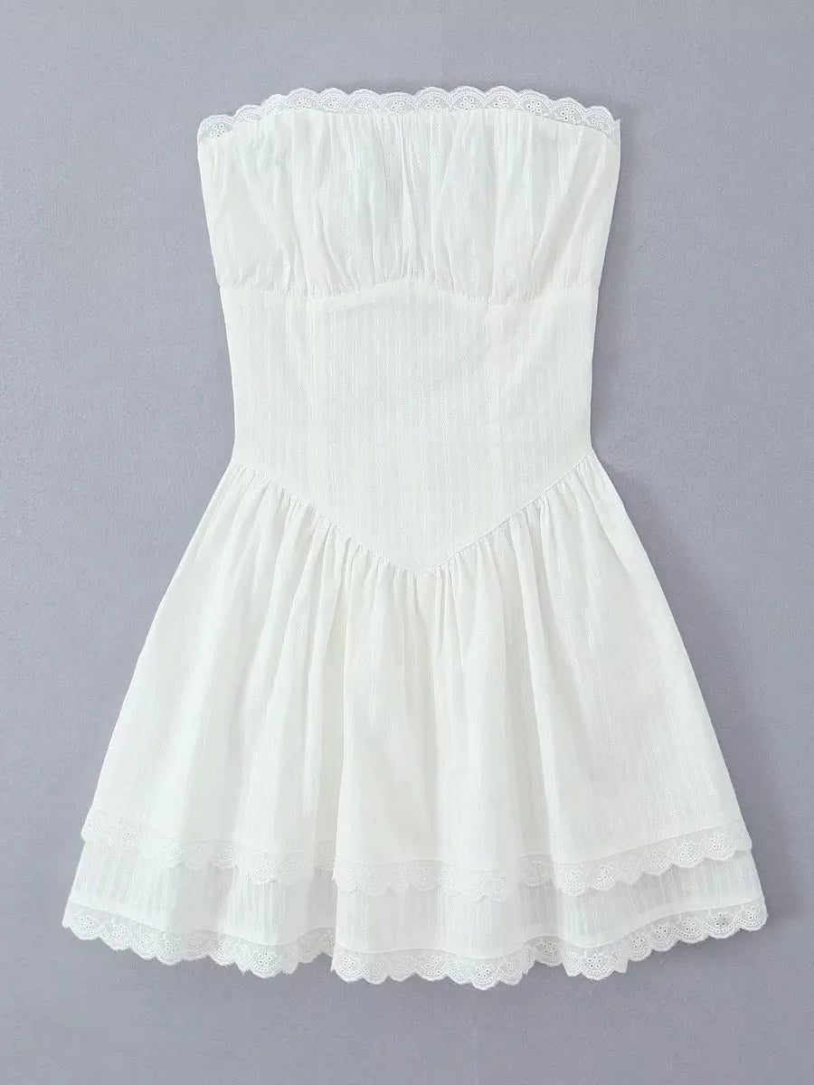 Lace Trim Patchwork White Dresses For Women New Strapless Sleeveless Tiered Mini Dress Summer Sweet Fashion Sexy A-line Vestidos