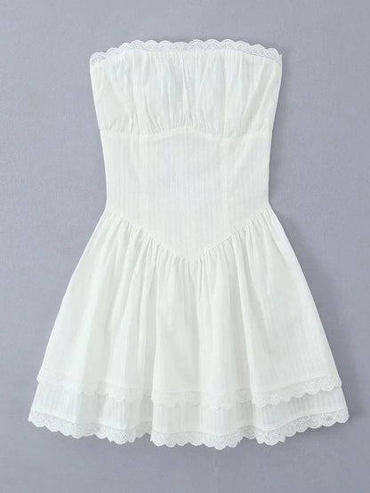 Lace Trim Patchwork White Dresses For Women New Strapless Sleeveless Tiered Mini Dress Summer Sweet Fashion Sexy A-line Vestidos