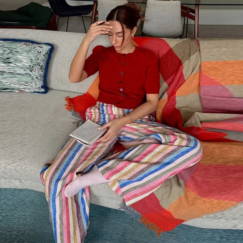 Casual Colorful Striped Women's Pants Loose Zipper Pockets High Waist Wide Leg Trousers Spring Summer Lady All-match Pant