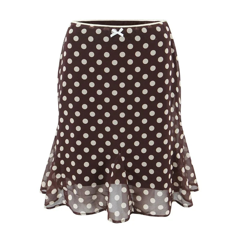 Summer Hot Sale Retro Color Wave Dot Hanging Neck Top and Half Skirt Two Piece Set for Women