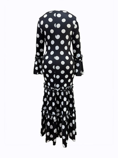 Elegant Polka Dot Ladies Evening Dress with Trumpet Sleeves Sexy Fishtail Design Cascading Ruffle Hem Fashionable Women's Gown