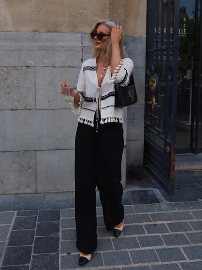 Tassel Casual Loose Apricot Blouse Top Summer Autumn 3/4 Sleeve Tie Up Holiday New Blusa Mujer 2024 V Neck Top