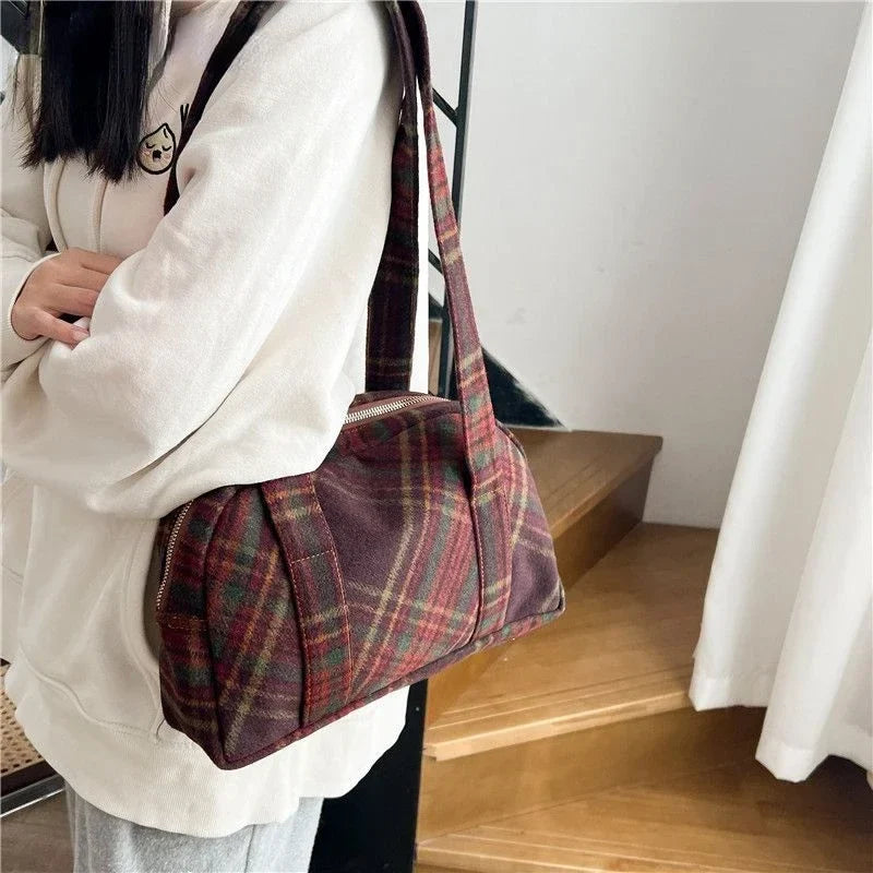 New Vintage Woolen Plaid Tote Bags Casual Handbag Korean All-match Design Fashion Women Shoulder Bag