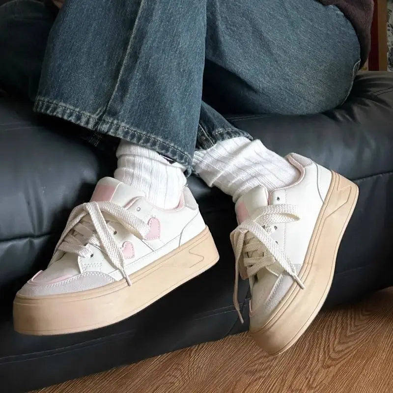 Little White Platforms Shoes Lightweight Breathable Round Toe Casual Shoes Versatile Princess Style Womens Sneakers