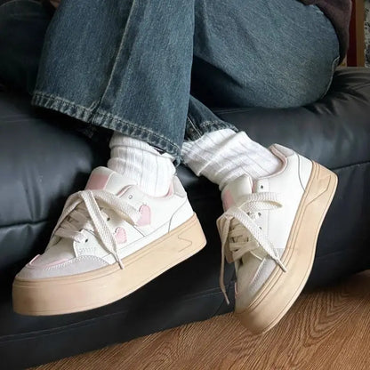 Little White Platforms Shoes Lightweight Breathable Round Toe Casual Shoes Versatile Princess Style Womens Sneakers
