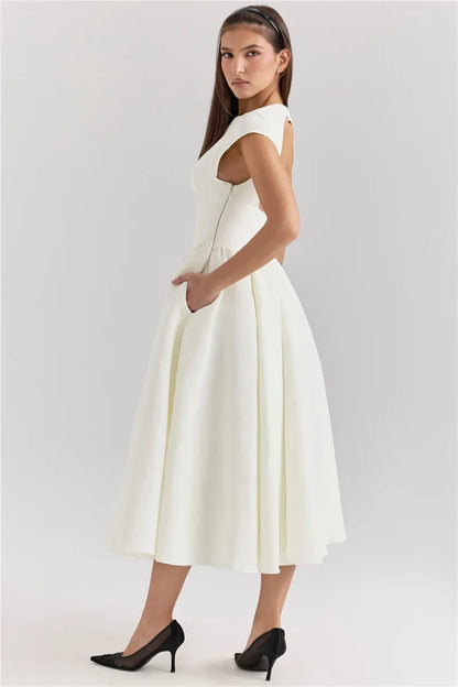 Boat Neck Cap Sleeve Pleated Waist Band Fit and Flare Midi Dress