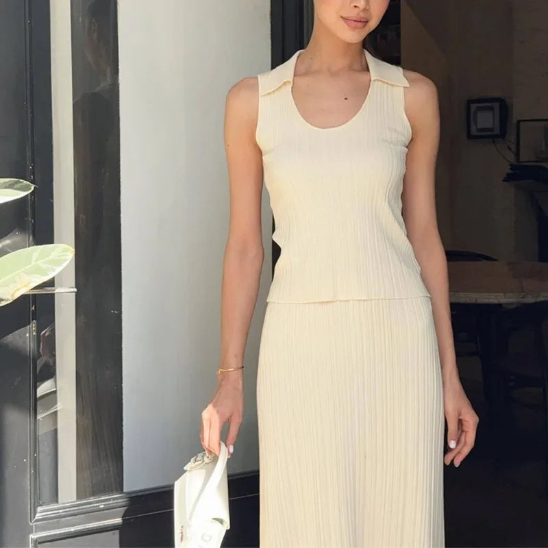 Elegant Lapel Tank Top Dress Set 2 Piece Women's Fashion Solid Color Long Skirt Set Casual Sleeveless Slim Top Skirt Set