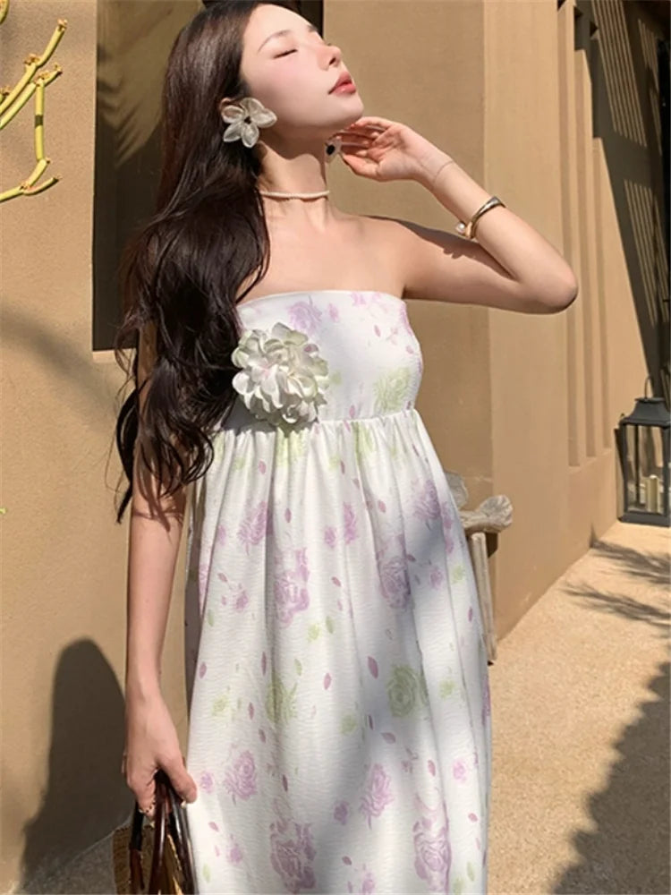 New Summer Holiday Beach Fashion Flower Dress Strapless Women Slash Neck Long Dress Floral Print Sleeveless Resort Seaside Dress