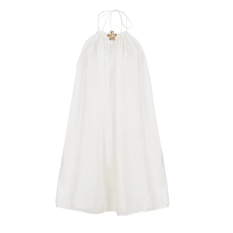 Sexy Beach Party Chiffon Dress Women Elegant White 3d Floral Metal Halter Sleeveless Backless A Line Short Summer Dress