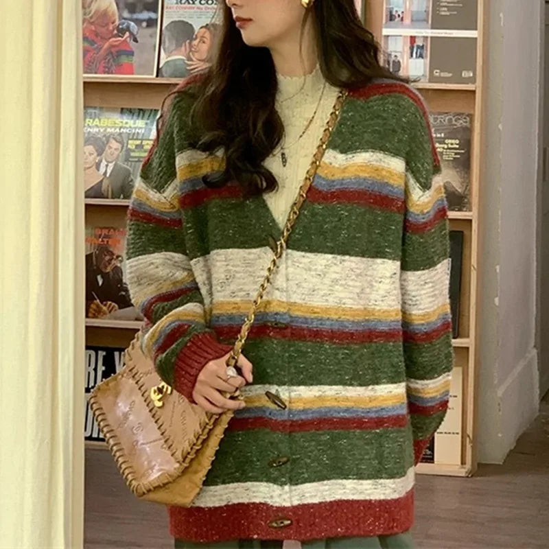 Striped Sweater Jacket Autumn New Style Loose Slimming Contrasting Long Sleeved Knitted Sweater