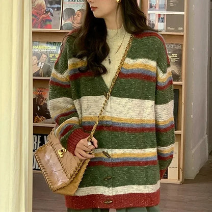 Striped Sweater Jacket Autumn New Style Loose Slimming Contrasting Long Sleeved Knitted Sweater