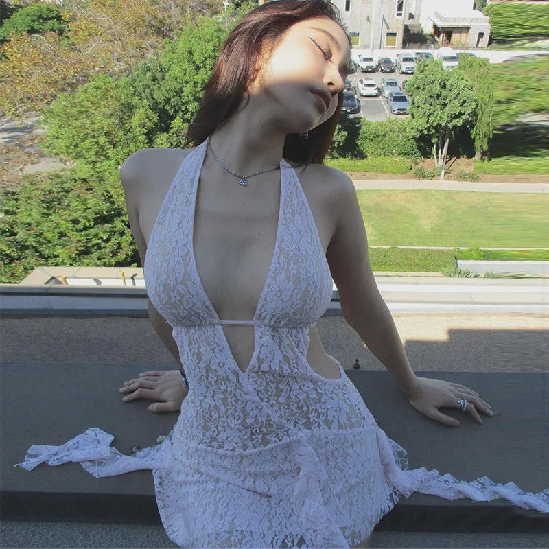 New sexy swimsuit hollowed out deep V-neck backless short splicing Lace-up halter lace dress