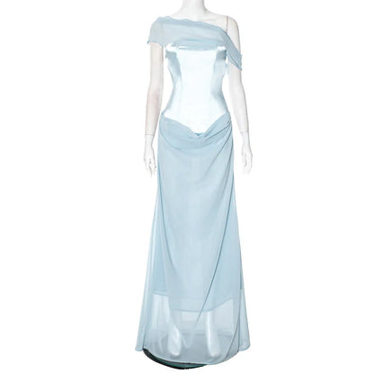 One Shoulder Draped Cowl Corset Waist Satin Column Maxi Gown