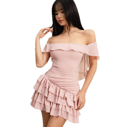 Summer New Women's Clothing One-word Collar Off-the-shoulder Ruffle Leaf Edge Hip-wrapped Cake Dress