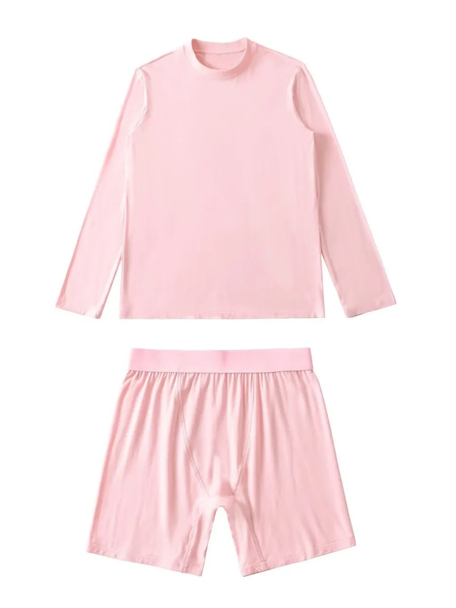 Solid Cozy Home Suits For Women Summer Crew Neck Long Sleeve Loose T-shirt+Slim Shorts Sets Simple Casual Fashion Two-piece Set