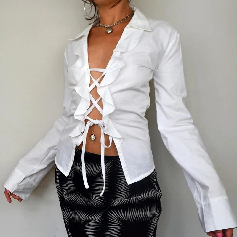 Ruffles Bandage Blouses Sexy Long Sleeve Slim Fit Casual Women Shirts Elegant Designed All-matched White Autumn Blouses