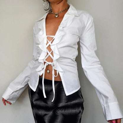 Ruffles Bandage Blouses Sexy Long Sleeve Slim Fit Casual Women Shirts Elegant Designed All-matched White Autumn Blouses