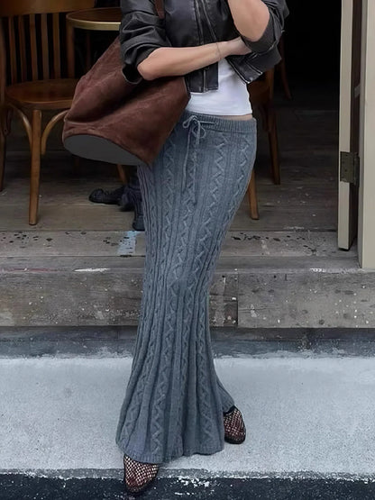 Casual Slim Twists Knitted Trumpet Skirt Basic Solid Mid-Waisted Maxi Skirts Women Autumn Winter Elegant Fashion