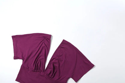 Chic Ruched Elegant 2 Piece Set Woman Trend V-Neck Backless Short Sleeve Crop Tops+Low Waist Mid Skirt Fashion Suit