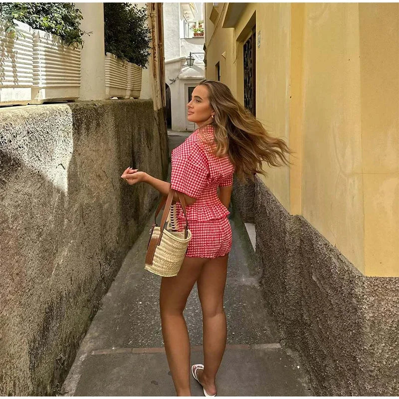 Casual Plaid Wome Shirts Shorts Suit Holidays Waist-Closed Short Sleeve Lapel Top Wide Leg Short Pants 2025 Summer Lady Set