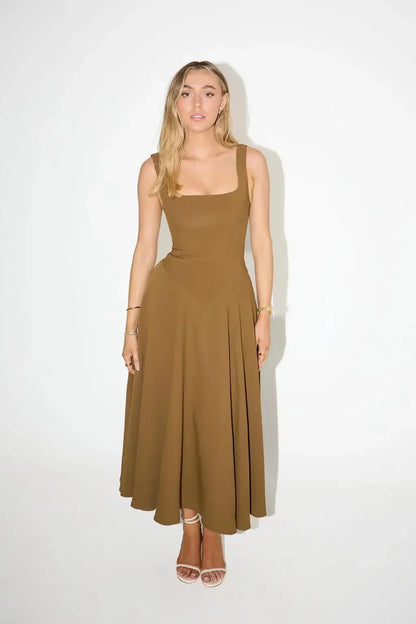 Solid Color Halter Long Dress Straps Slim Fit Sexy Square Neck Suspender High Waist Pleated Beach Dresses Women's Party Robes