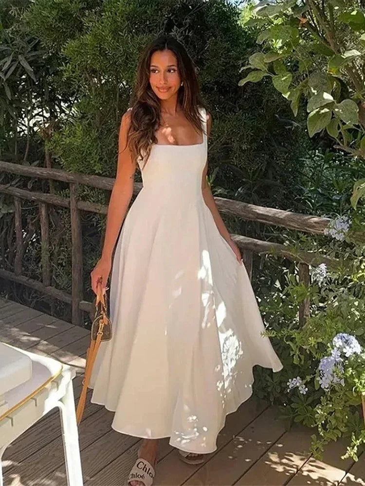 Solid Color Halter Long Dress Straps Slim Fit Sexy Square Neck Suspender High Waist Pleated Beach Dresses Women's Party Robes