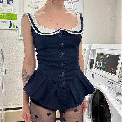 Sailor Collar Single-breasted A-Line Top Preppy Style Women's Pleated Sleeveless Tops Barbiecore Sleeveless T-shirt Y2K