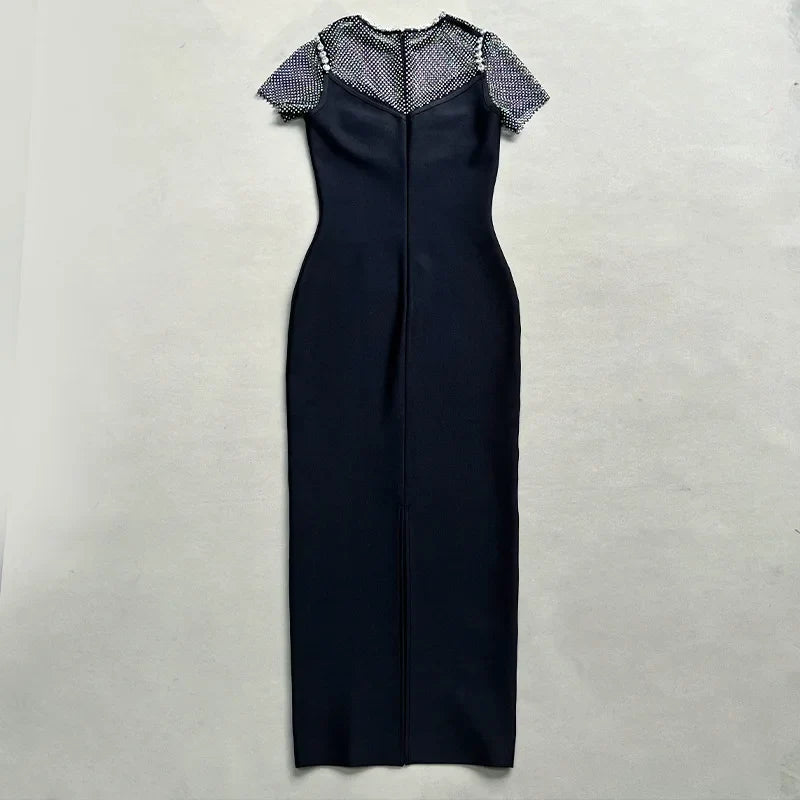 Crystal Embellished Mesh Cap Sleeve Bow Cutout Midi Dress