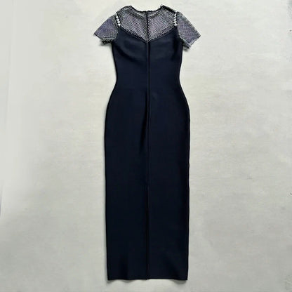 Crystal Embellished Mesh Cap Sleeve Bow Cutout Midi Dress