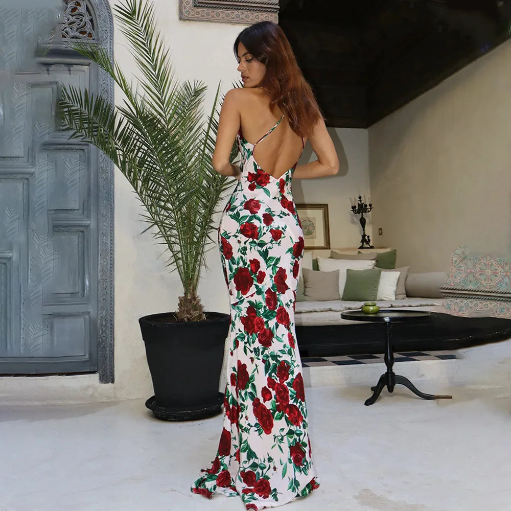 Deep V Spaghetti Strap Floral Print Bodycon Maxi Dress