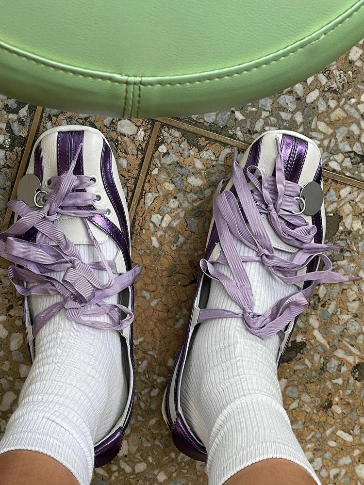 Spring Lolita Square Toe Purple Flat Ballet Shoes Women's 2024 New Straps Bow Color Matching Mary Jane Shoes