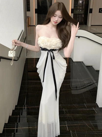 Romantic Sexy Strapless Bodycon Dress with Knot Silk Ribbon High Waist Slimming Long Evening Gown for Women