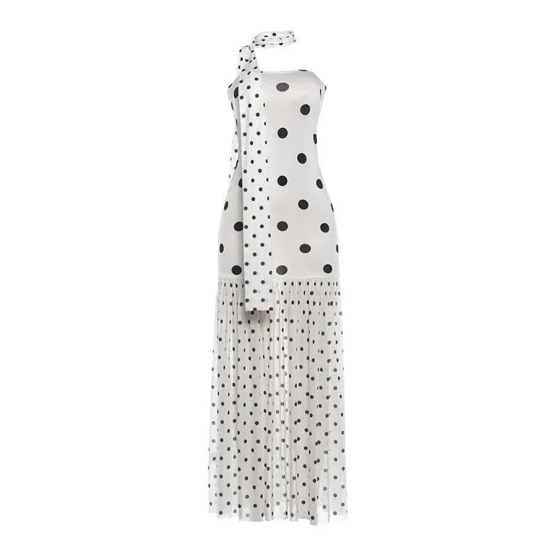 Sexy White Dot Print Strapless Maxi Dress with Matching Scarf for Women Summer Sleeveless Mesh Patchwork Vacation Dress
