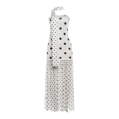 Sexy White Dot Print Strapless Maxi Dress with Matching Scarf for Women Summer Sleeveless Mesh Patchwork Vacation Dress