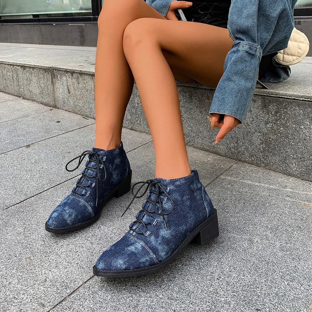 Womens Pointed Toe Denim Jeans Ankle Boots Lace Up Chunky Heel Casual Motorcycle Shoes Retro Plus Size NEW