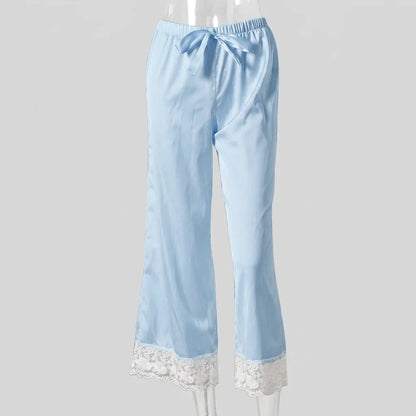 Lace Satin Patchwork Pants Solid Color Lace Up Elastic Waist Women's Casual Lace Bottom Wide Leg Pants Daily Chic Outfit