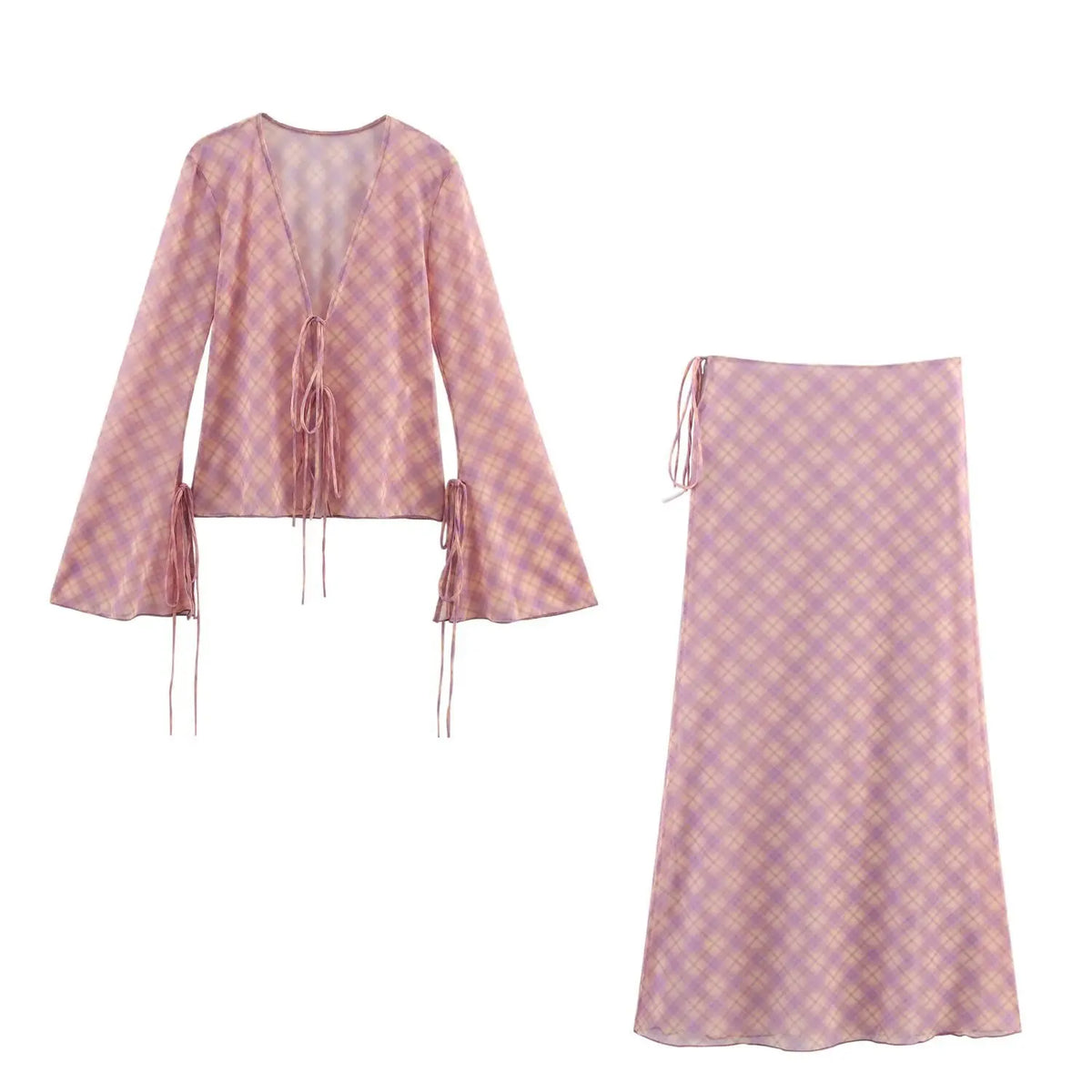 Plaid Retro Sweet Summer Outfits Chic Flare Sleeve Cardigan Top + High Waist Long Skirts 2 Piece Set Pink Y2K Women Set
