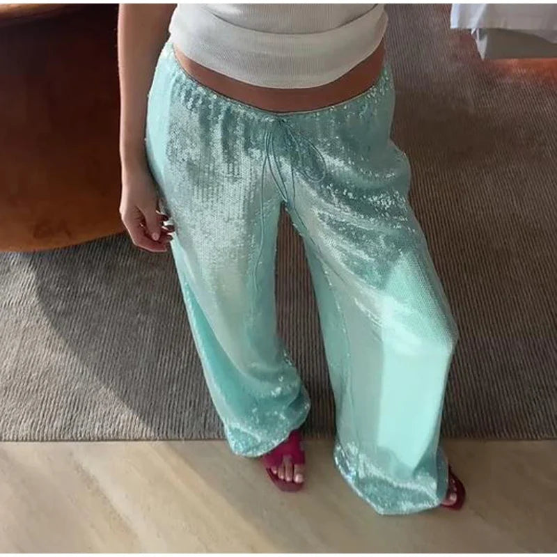 Loose Solid Color Sequin Pants Woman Cinched Waist Glitter Straight Baggy Long Pants Casual Street Chic Sparkle Women's Trousers
