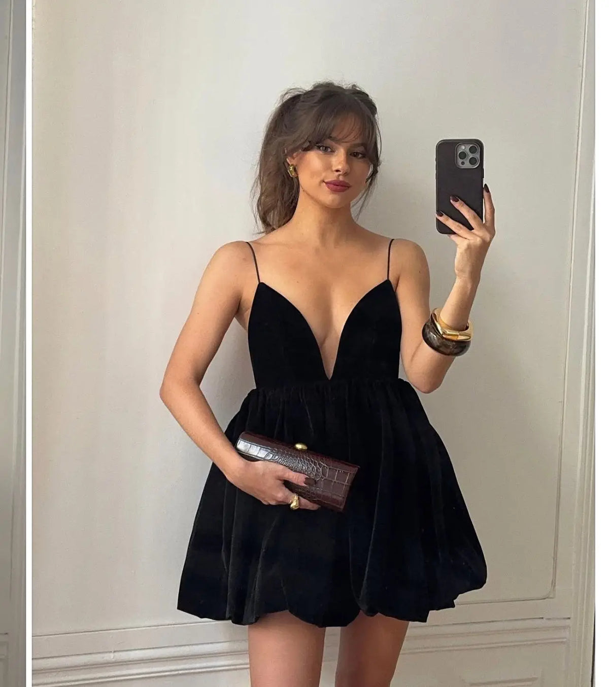 Spaghetti Strap Deep V Neck Gathered Velvet Babydoll Mini Dress
