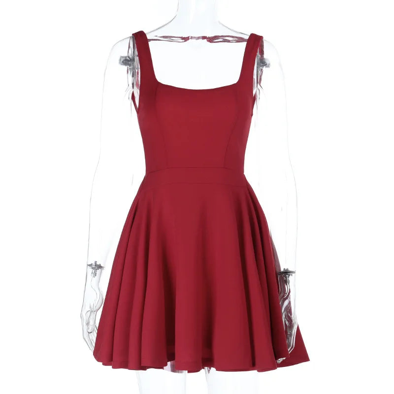 Women's Red Backless Mini Dress Summer Fashion Square Neck Sleeveless High Waist A Line Short Summer Elegant Tank Dress