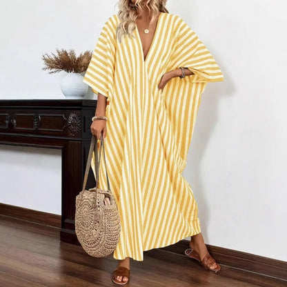 Summer New Fashion Loose Casual V-neck Striped Long Dress