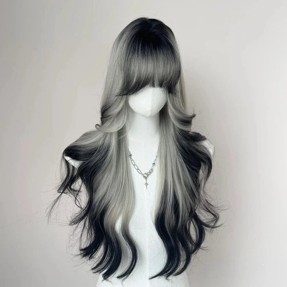 Synthetic Long Wavy Ombre Grey Black Wig with Bangs Fluffy Women Lolita Cosplay Heat Resistant Wig for Daily Party