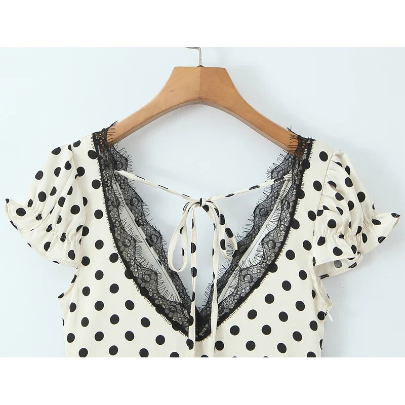Elegant Girls Short Sleeve V Neck Lace Trim Polka Dot Summer Dress Sexy Backless A-line Midi Holiday Female Vestidos