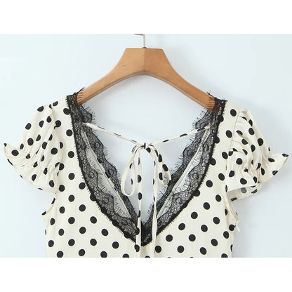 Elegant Girls Short Sleeve V Neck Lace Trim Polka Dot Summer Dress Sexy Backless A-line Midi Holiday Female Vestidos