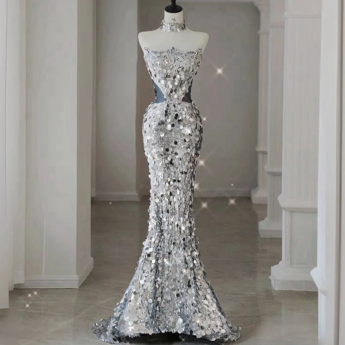 Silvery Shiny Sequins Prom Dresses Mermaid Removable Tulle Bow Trailing Ceremony Performance Party Backless Formal Evening Gowns