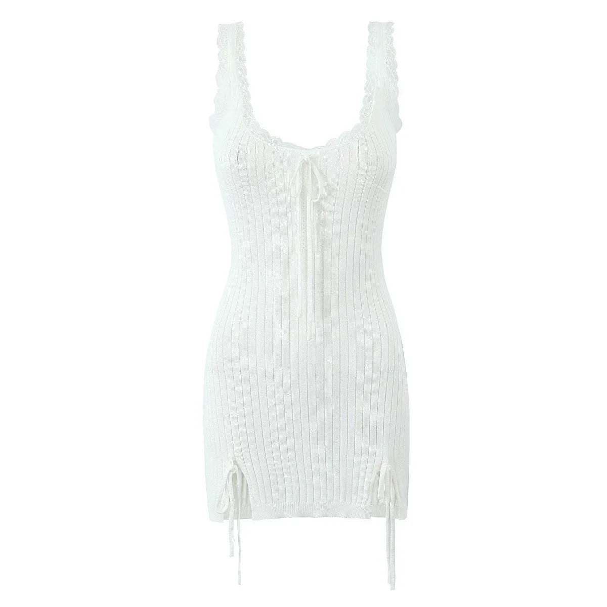 New Pink White Lace Patchwork Short Dress For Women's Clothing Ruffle Square Collar Vacation Beach Summer Knit Slip Dress