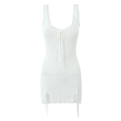 New Pink White Lace Patchwork Short Dress For Women's Clothing Ruffle Square Collar Vacation Beach Summer Knit Slip Dress