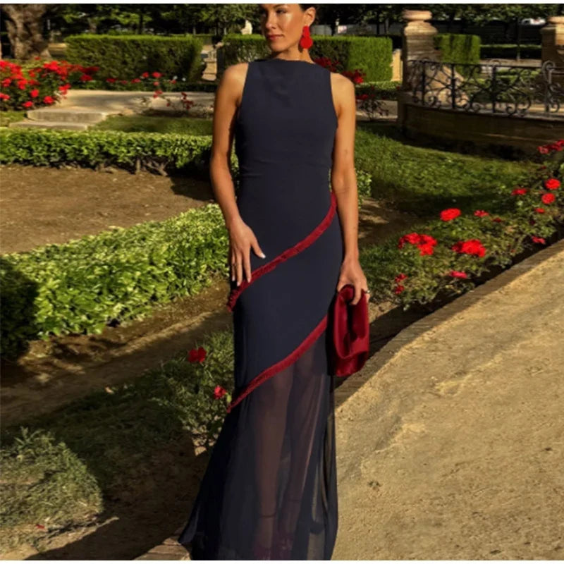 Sexy Backless Patchwork Long Dress Women Retro O-neck Sleeveless Side Slit Slim Party Dresses Female 2025 Summer Chic Vestidos